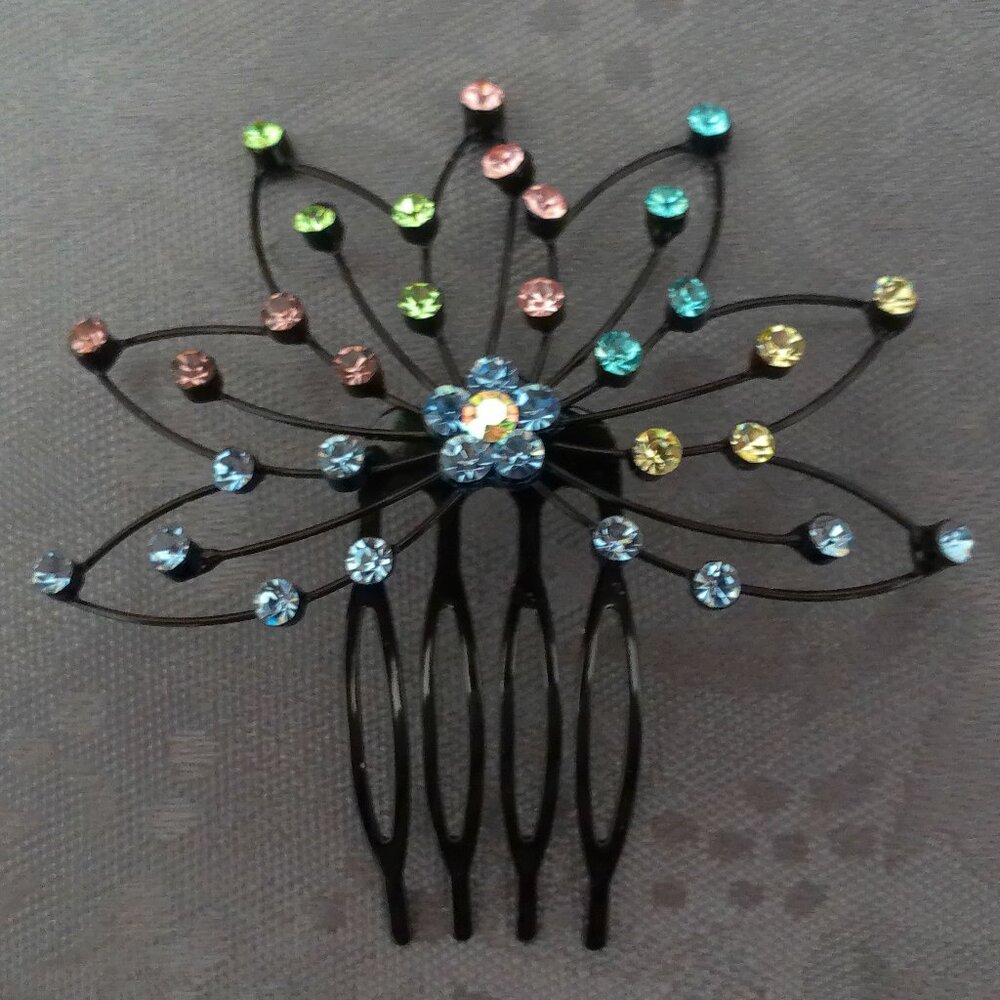 Floral Hair Side Comb, decorated with blue,  green, white and pink rhinestone,